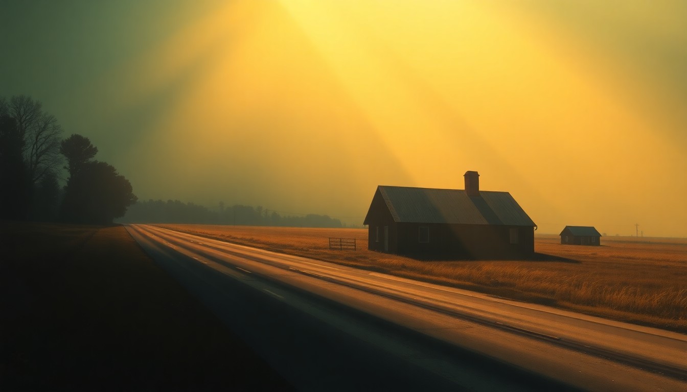 A serene, nostalgic painting of a solitary farmhouse on a rural road, with warm sunlight and deep shadows creating a contemplative mood around the simple structure.
