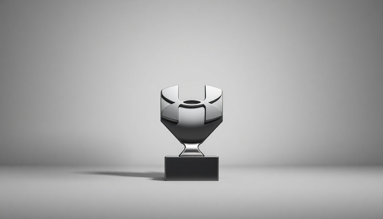 A photorealistic studio still-life image of a polished, geometric metal trophy or award object floating on a clean, monochromatic grey background, conveying a sense of corporate achievement and strategic focus.