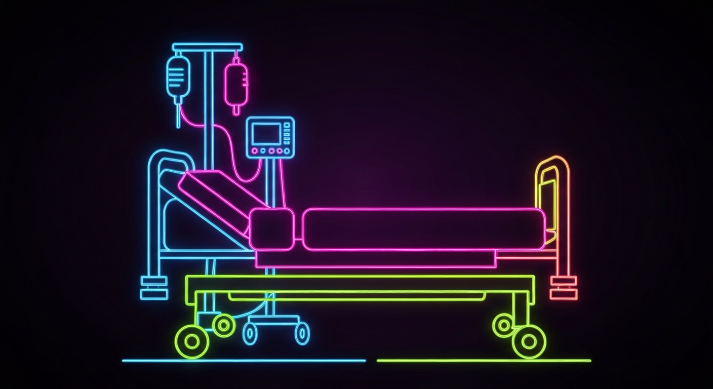 A minimalist illustration in the style of Keith Haring, depicting the outline of a hospital bed and medical equipment in vibrant neon colors against a dark background, conceptually representing the urgent yet hopeful response to a seasonal respiratory virus outbreak.
