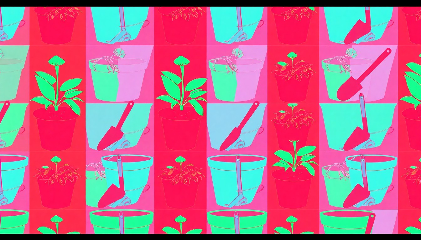 A bold, colorful silkscreen print featuring a repeating pattern of a potted plant or garden tool, capturing the vibrant energy and creative spirit of the North Fulton Master Gardeners Garden Faire.