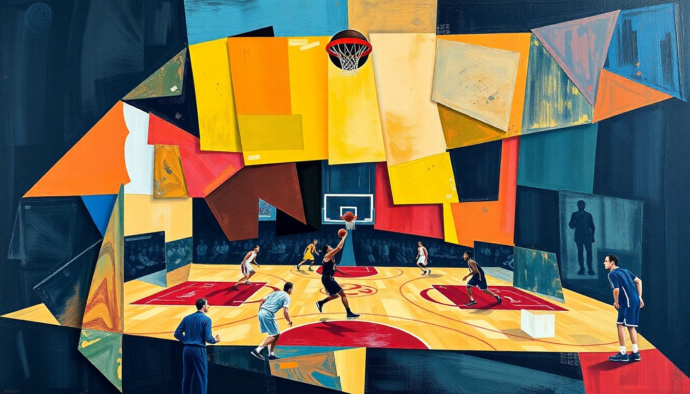 A fragmented, cubist-style painting depicting the action of a basketball game, with the players and court broken down into sharp, overlapping geometric shapes and planes of color, conveying the strategic and mental aspects of the sport.