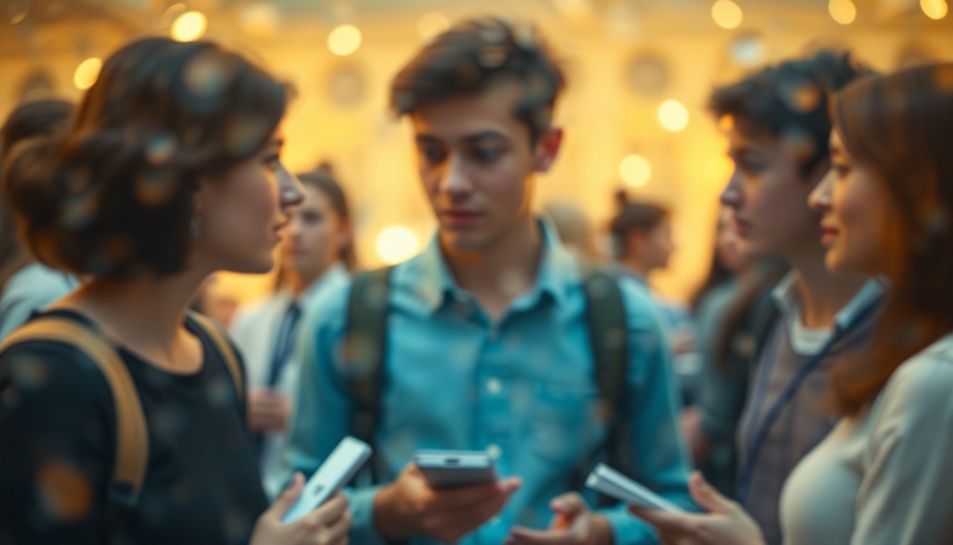 An abstract, impressionistic scene of blurred figures engaged in conversation, with soft, warm hues and a sense of intellectual energy and community.