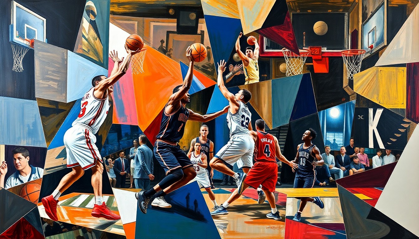 A cubist, geometric painting depicting the fragmented and overlapping forms of basketball players in motion, capturing the dynamic energy and uncertainty of the sport's current landscape.
