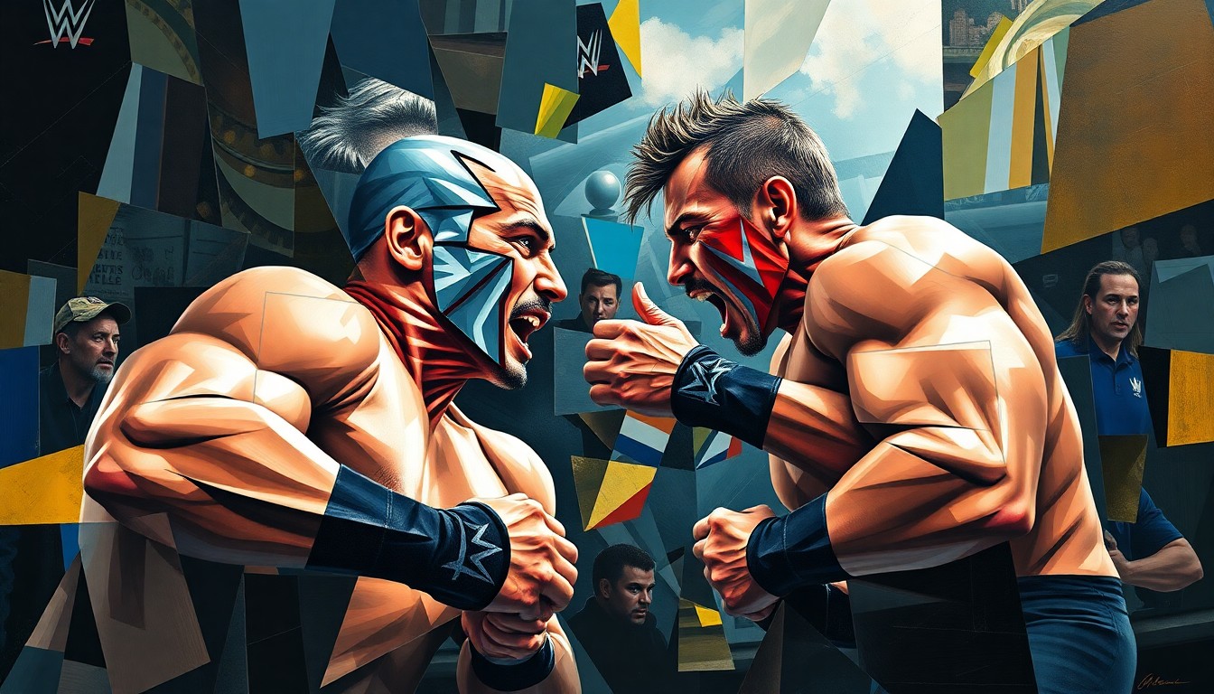 A fragmented, geometric painting depicting a wrestling match between two figures, with sharp planes of color and form representing the dynamic action of the sport.