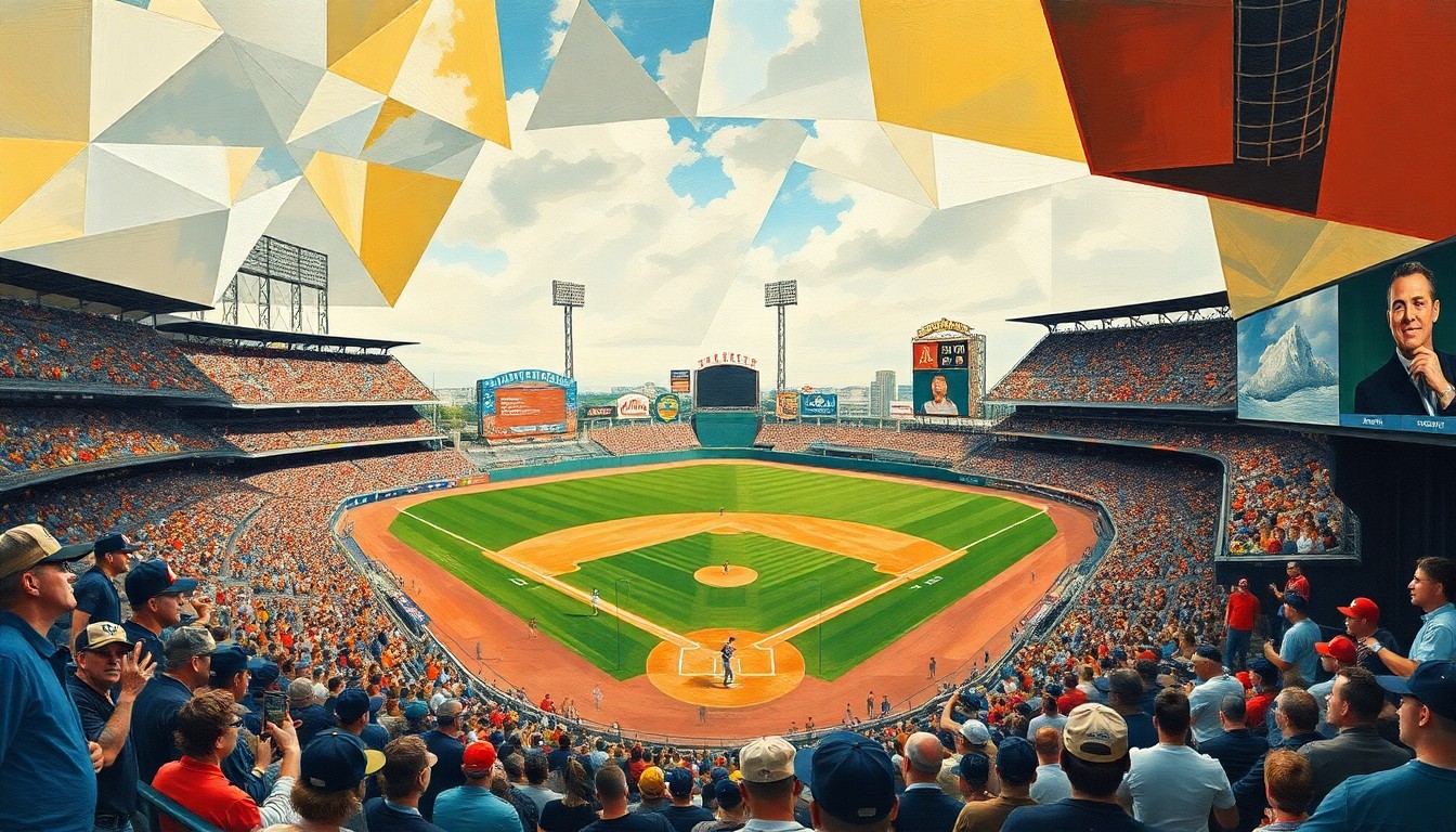 A cubist, geometric painting depicting a baseball game or match, with overlapping shapes and planes representing the various movements and perspectives of the players and action on the field.