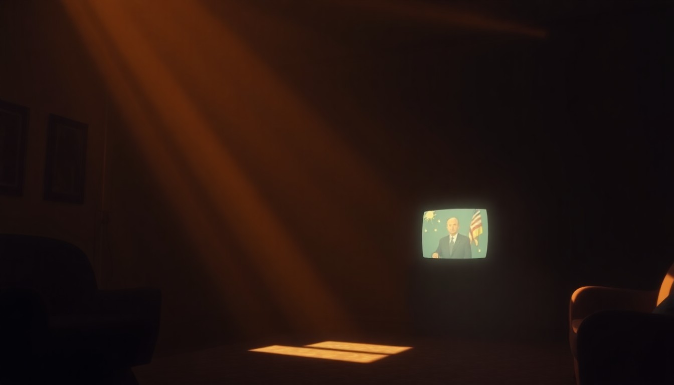 A dimly lit room with a lone television set glowing in the center, the screen reflecting off the polished wood floors and walls. The scene is bathed in warm, diagonal sunlight and deep shadows, creating a contemplative, cinematic mood.