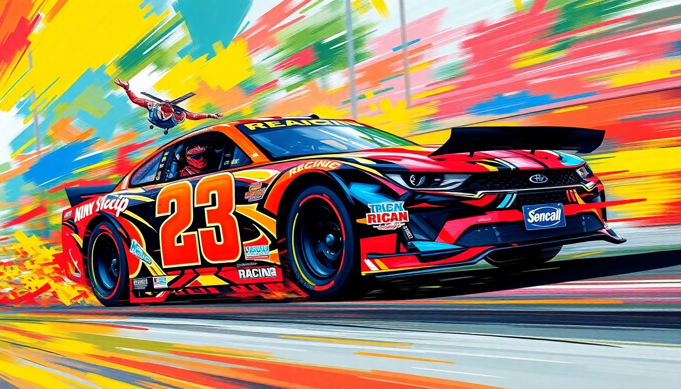 An abstract, expressionist painting in vibrant neon colors, capturing the raw energy and motion of a NASCAR race, with a 23XI Racing car surging ahead in a blur of speed and energy.