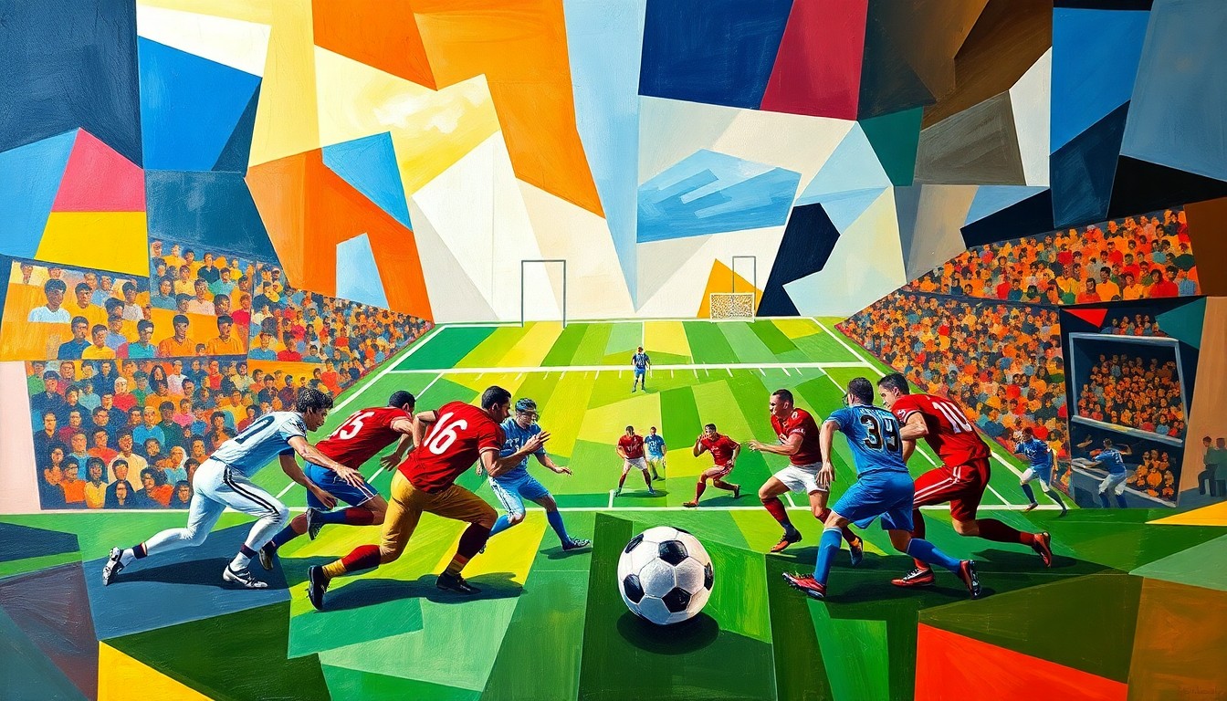 A cubist, geometric painting depicting a fragmented football game, with players and the field broken down into sharp, overlapping planes of color, capturing the dynamic energy of the sport.