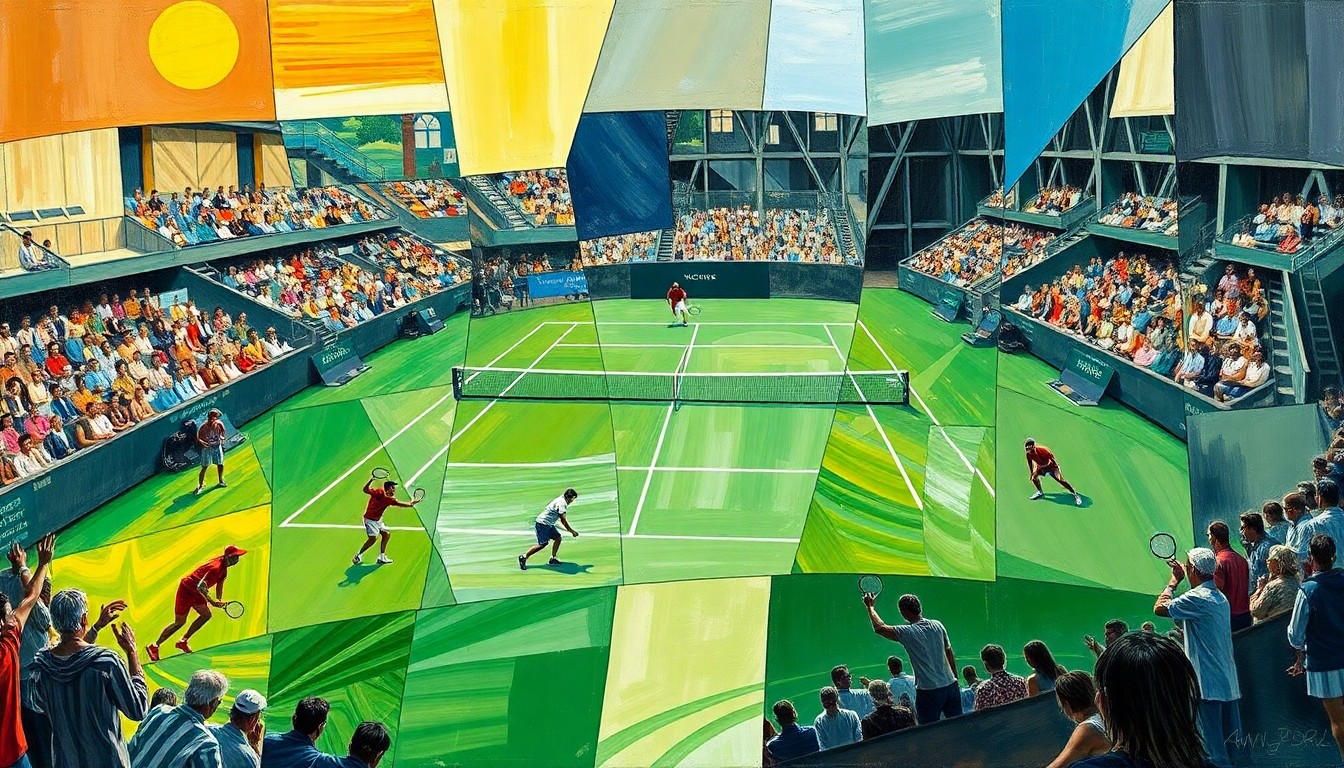 A dynamic, cubist-style painting depicting fragmented, overlapping geometric shapes and planes in vibrant colors, representing the intense drama and energy of a tennis match or competition.