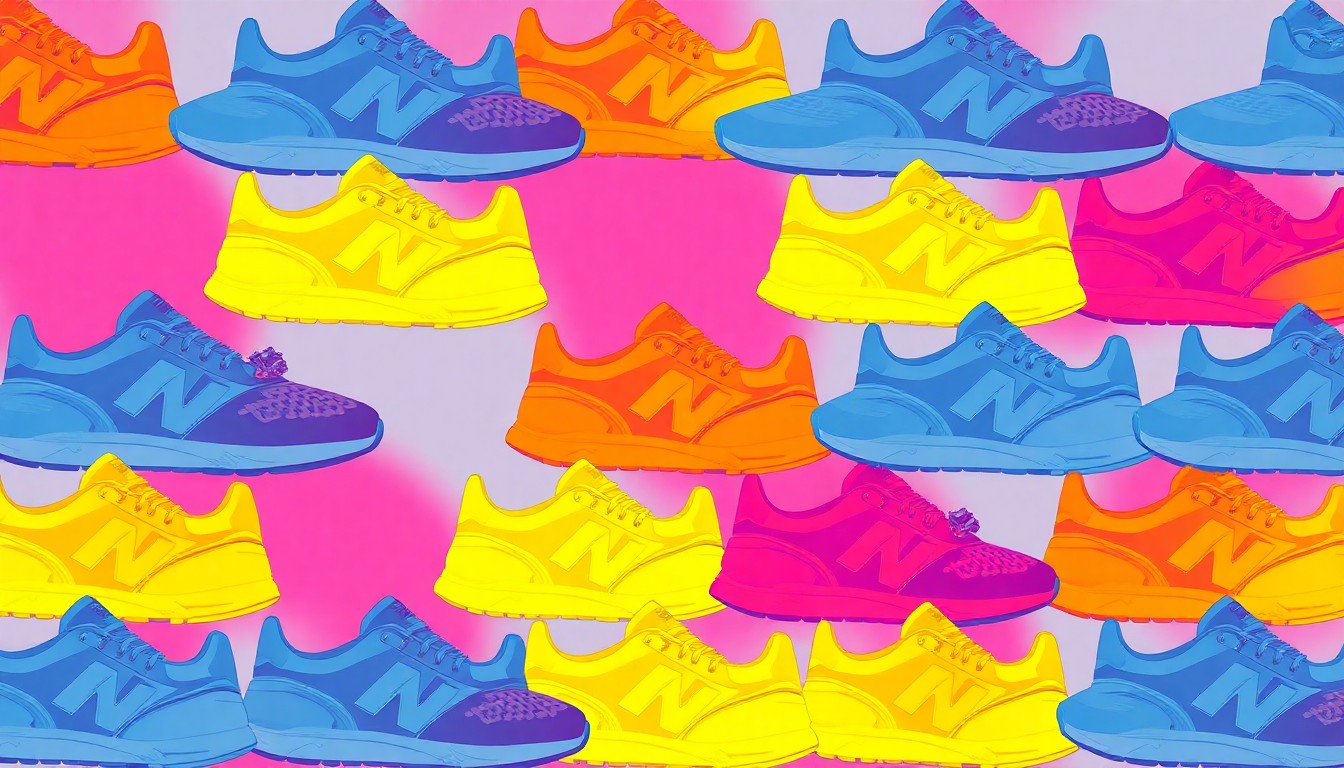 A brightly colored, high-contrast silkscreen print of a single New Balance Abzorb 1890 sneaker repeated in a tight grid pattern, utilizing vibrant neon colors and heavy black outlines to transform the futuristic lifestyle shoe into a modern pop art piece.