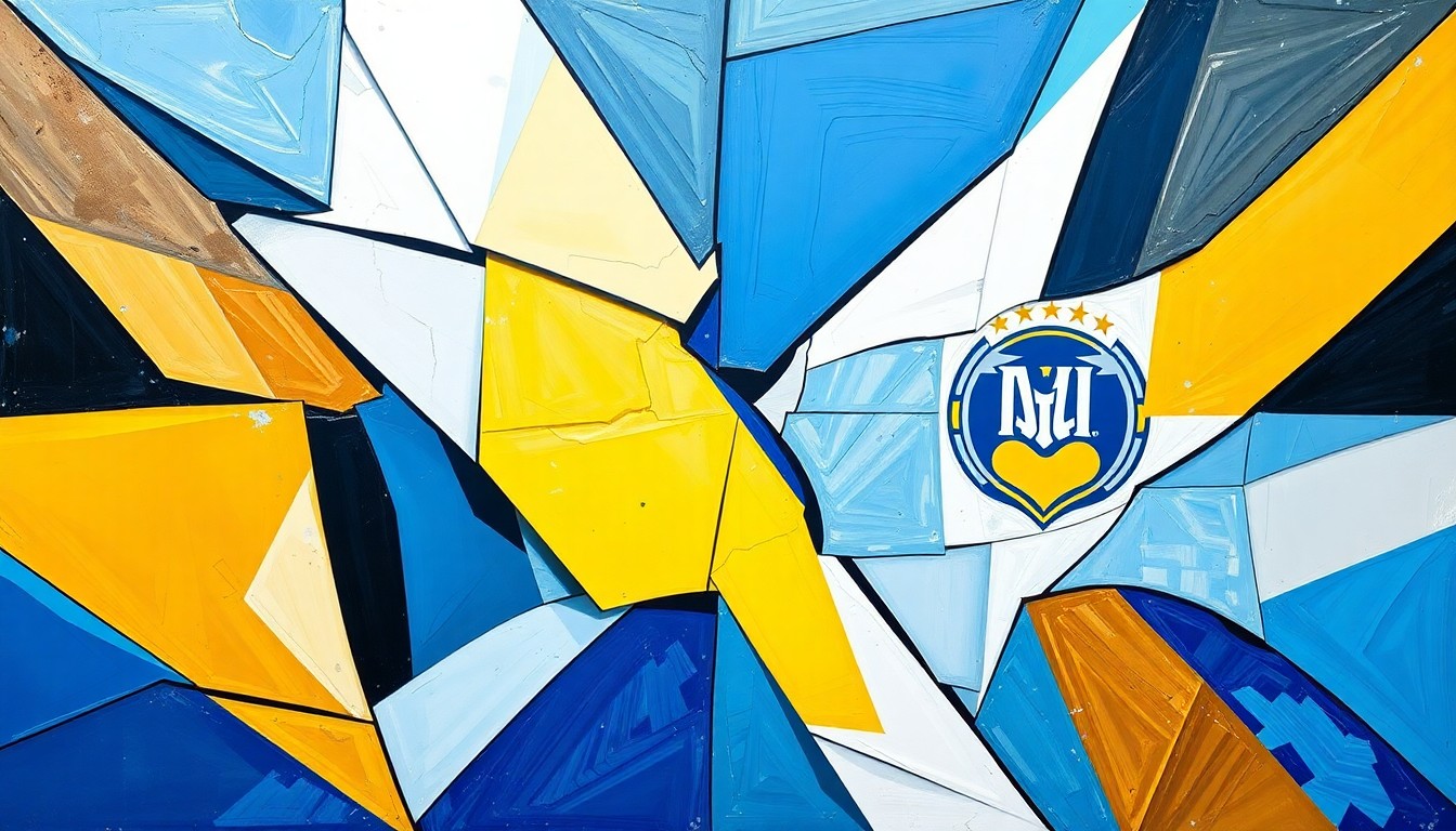 A cubist, geometric painting depicting a fragmented soccer match, with overlapping planes of blue, white, and gold representing the teams in the Saudi Pro League.