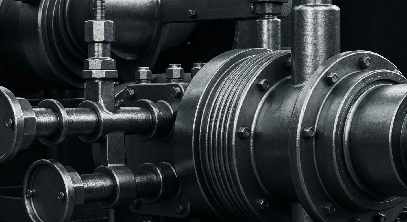 An extreme close-up of intricate, heavy industrial machinery in muted tones of steel, rust, and black, conveying the tangible financial security and industrial power of the energy sector.