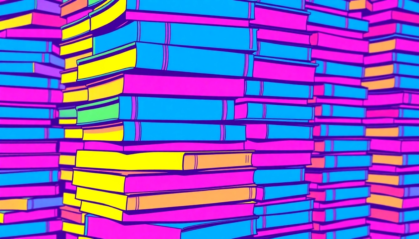 A brightly colored, high-contrast silkscreen print of a stack of college textbooks in vibrant neon shades, repeated in a tight grid pattern to conceptually represent the financial barriers to higher education for undocumented students.