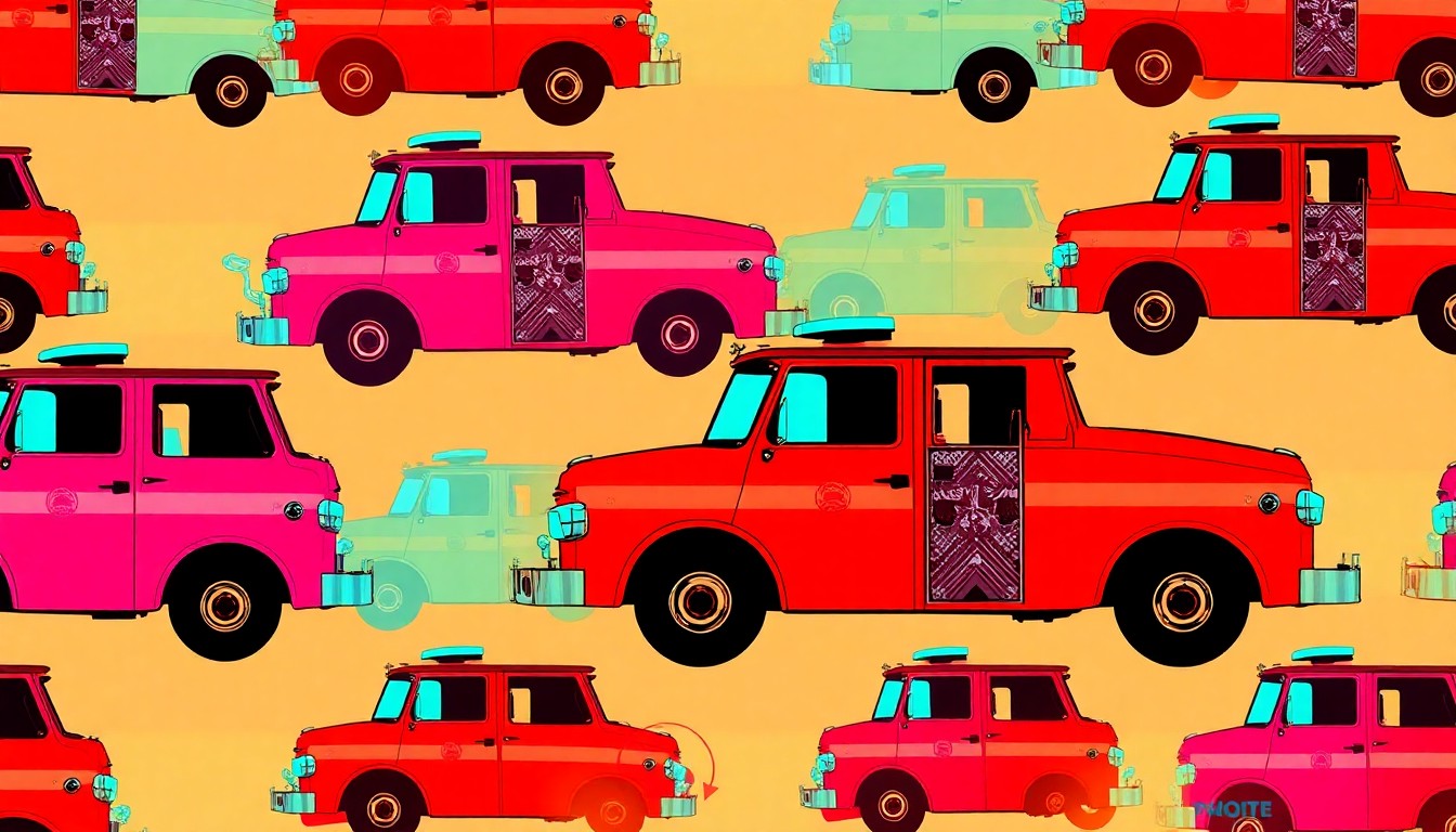 A bold, colorful silkscreen-style illustration featuring a repeating grid of fire truck icons in neon shades of red, orange, and yellow, conceptually representing the expansion of emergency services in the Little Chute community.