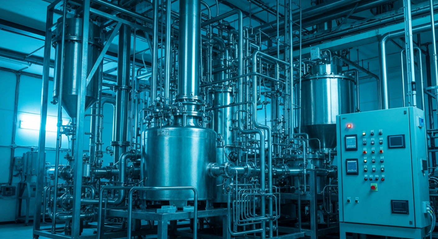 An extreme close-up of complex pharmaceutical manufacturing equipment and machinery, conveying the industrial scale and technical sophistication behind Eli Lilly's drug development and production.