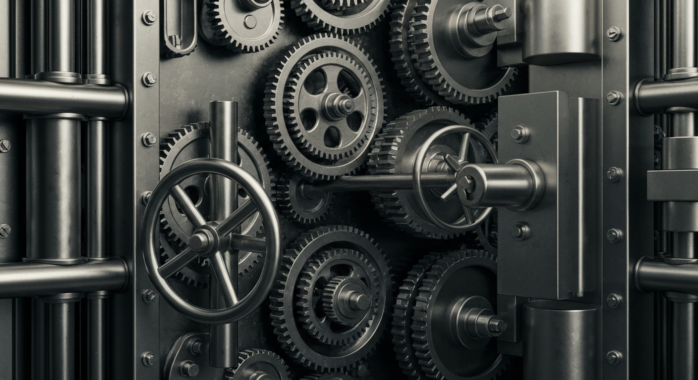 A cinematic close-up of the heavy, industrial mechanisms and gears that make up the inner workings of a bank vault, conveying a sense of institutional strength and financial security.
