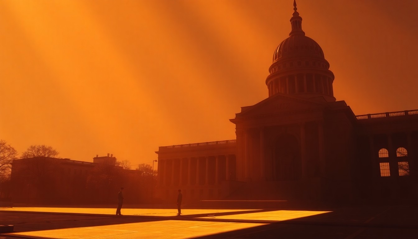 A dimly lit, cinematic painting of a government building or political figure, with warm, diagonal sunlight and deep shadows creating a sense of solitude and contemplation.