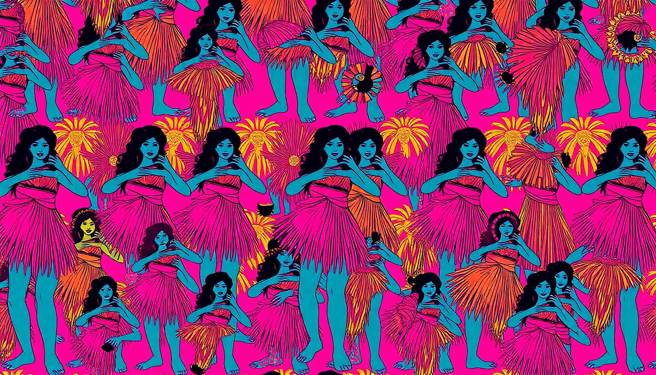 A bold, colorful silkscreen-style illustration depicting a single hula dancer figure repeated in a grid pattern, rendered in a high-contrast, neon color palette that transforms the traditional dance into a modern pop art icon.