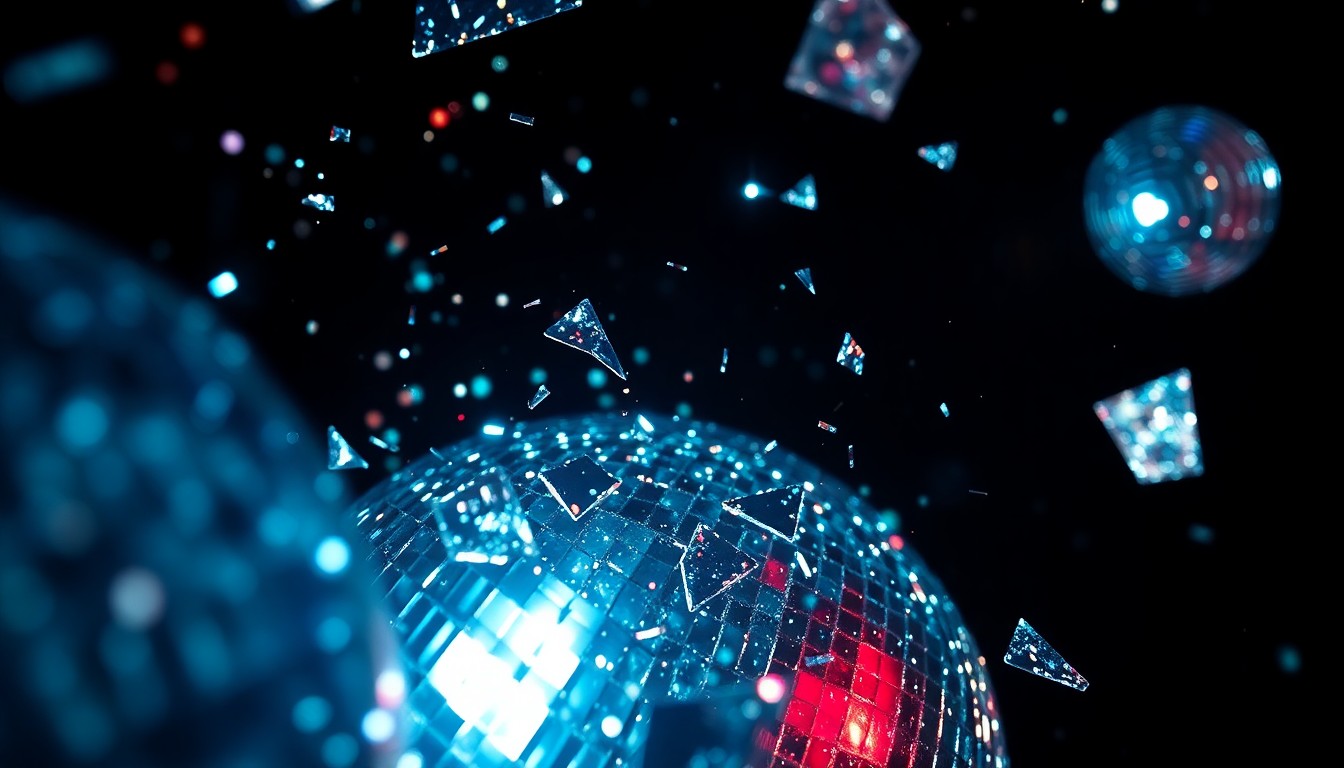 An abstract close-up photograph of shimmering, glittering disco ball fragments in dramatic high-contrast studio lighting, conceptually representing the convergence of experimental electronic music and theatrical pop.