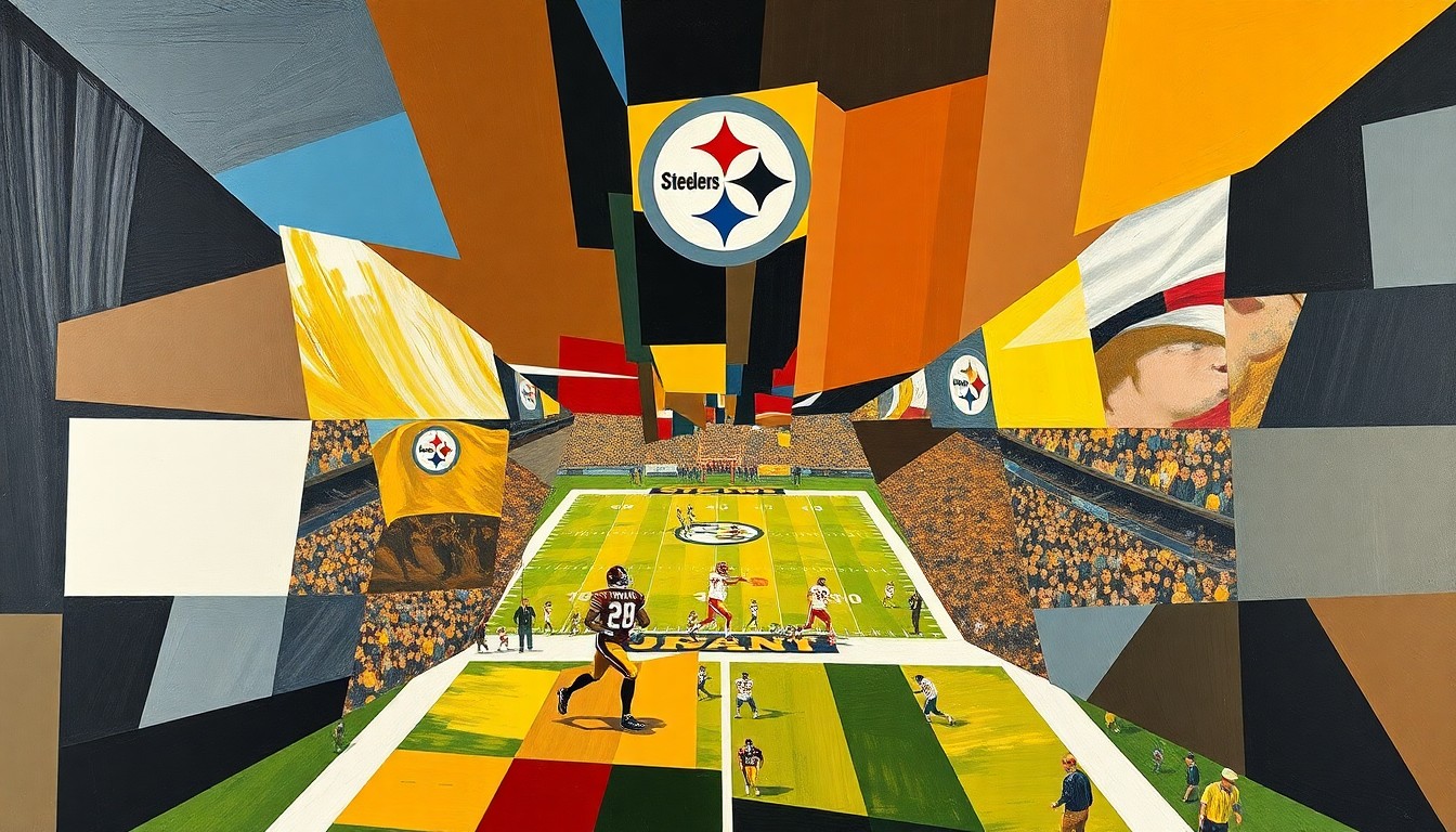 A cubist-style painting depicting a fragmented, geometric interpretation of a football game, with sharp, overlapping shapes and planes representing the dynamic action on the field.