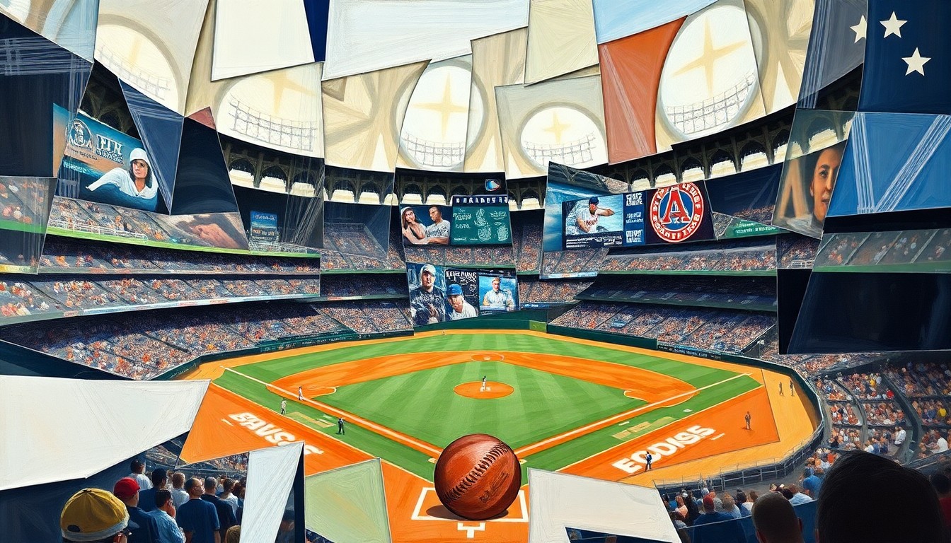 A cubist-style painting depicting a baseball game or match, with the players and field broken down into sharp, overlapping geometric shapes and planes in a vibrant color palette, conveying the dynamic and multifaceted nature of the sport.