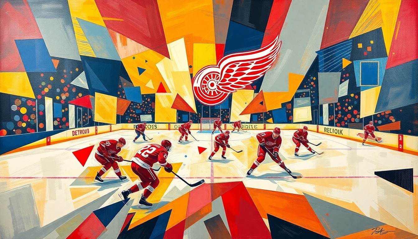 A fragmented, geometric painting in the style of Pablo Picasso, depicting a Detroit Red Wings hockey game broken down into sharp, overlapping planes of color and form, capturing the team's on-ice struggles in an abstract, conceptual manner.
