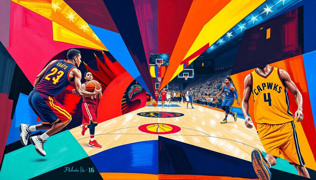 A cubist, geometric painting depicting a fragmented basketball game, with sharp, overlapping shapes in the team colors of the Cavaliers, Hawks, Raptors, and Magic, conveying the strategic uncertainty of the Cavaliers' potential first-round matchup.
