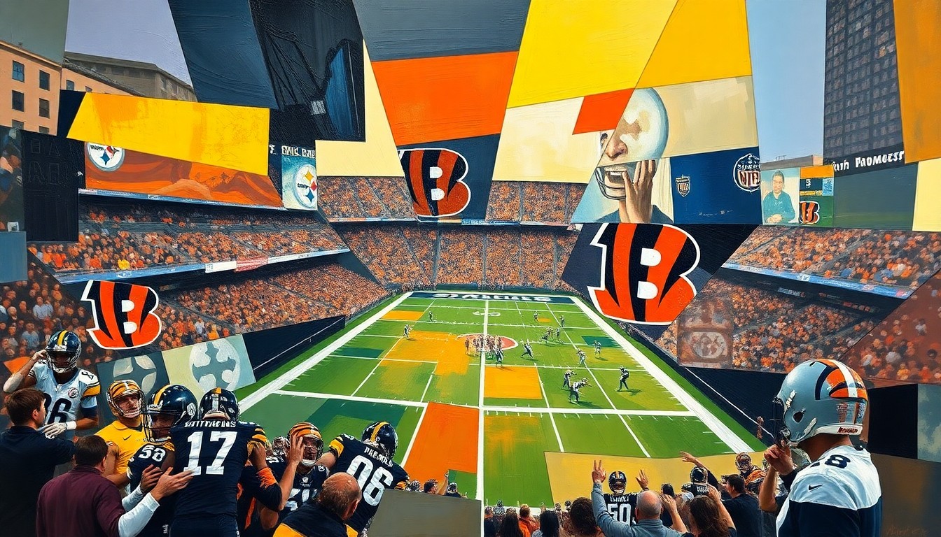 A fragmented, geometric painting depicting a football game between the Pittsburgh Steelers and Cincinnati Bengals, with the players and field broken down into sharp, overlapping planes of color and shape, conceptually representing the disruption and strategic maneuvering of a potential blockbuster trade.