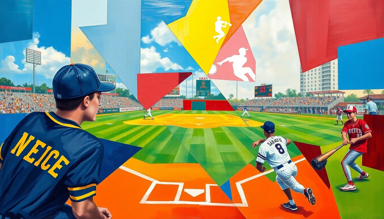 A fragmented, geometric painting depicting the dynamic action and energy of a high school baseball game, with the opposing teams' uniforms and colors blending together in an abstract, cubist style.