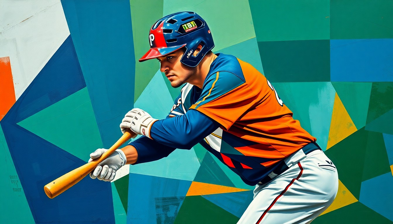 A fractured, multi-perspective painting depicting a baseball catcher's movements and actions broken down into sharp, overlapping geometric planes in vibrant colors, conceptually representing the intricate skills required for the position.