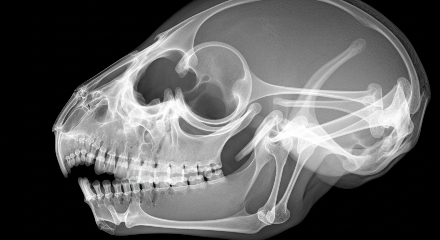 An extreme close-up X-ray photograph showing the translucent, ghostly internal bone structure of a mouse skull, with subtle deformities and abnormalities in the facial features, conceptually illustrating the impact of excessive antioxidant intake on offspring development.