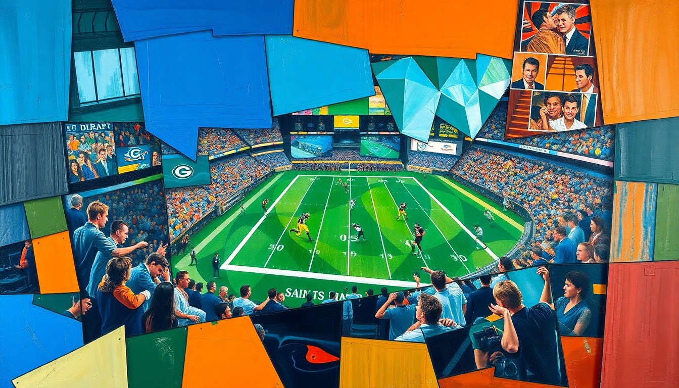 A fractured, cubist-style painting depicting various football players and draft prospects in dynamic, overlapping geometric shapes and planes, conveying the complex decision-making and strategic considerations of the upcoming NFL Draft.