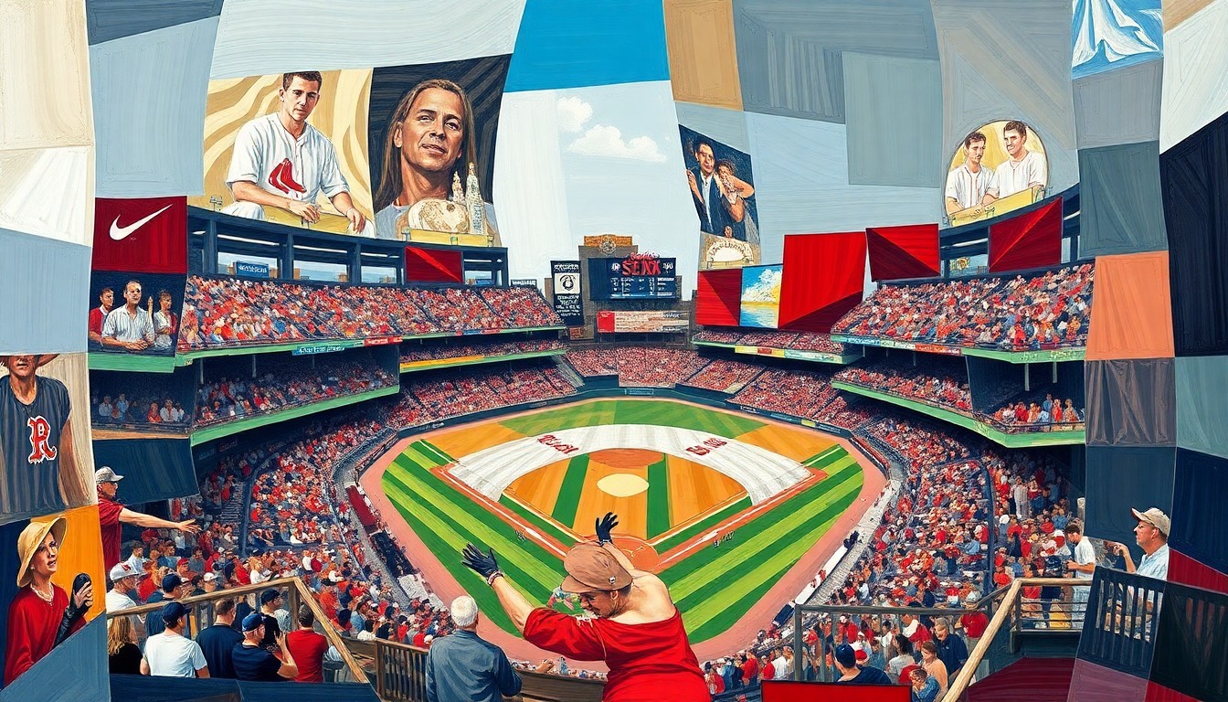 A cubist-style painting depicting a Red Sox baseball game, with the players and field broken down into sharp, overlapping geometric shapes and planes, creating a dynamic and abstract visual representation of the sport.