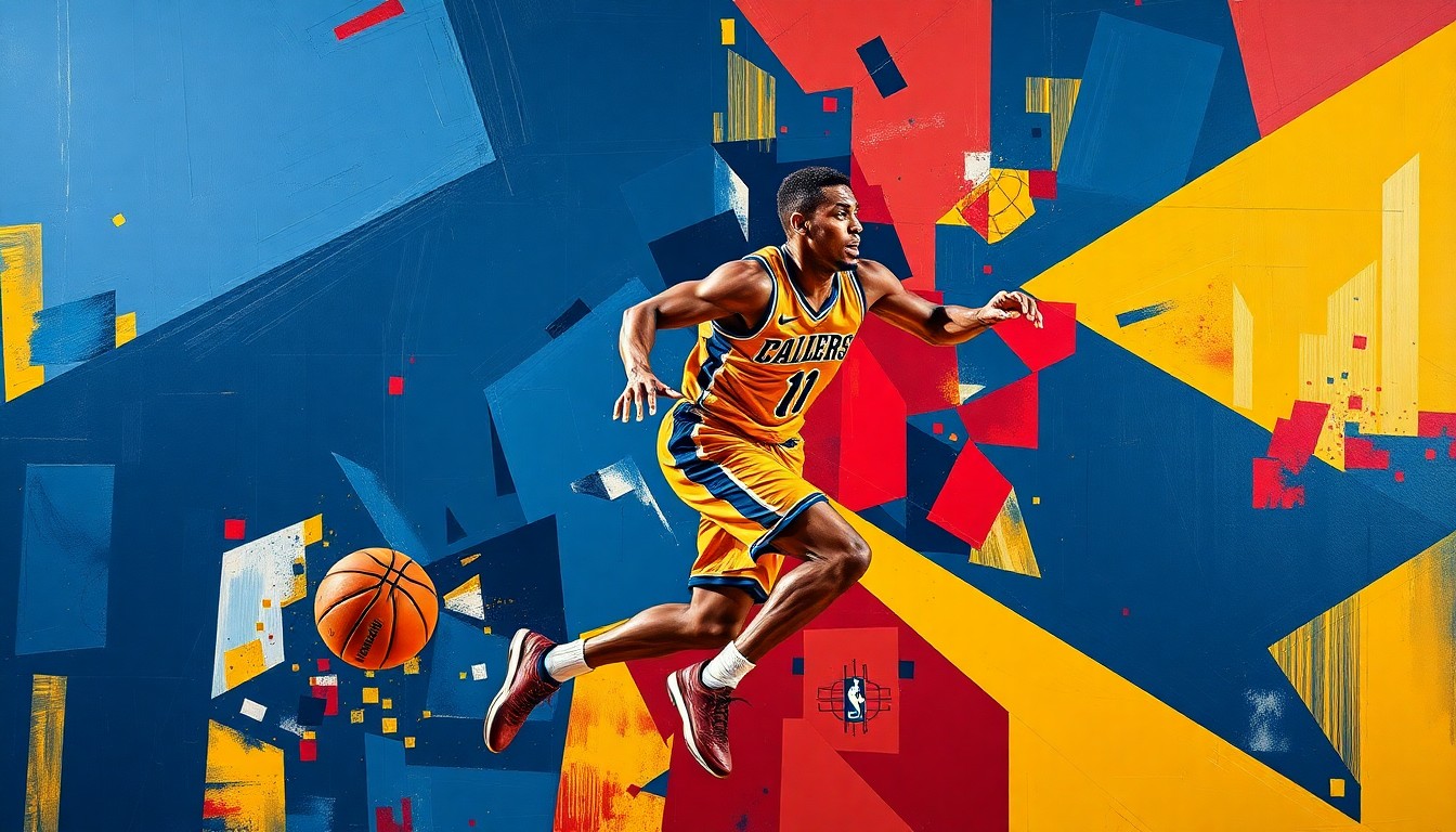 A cubist-style painting depicting a college basketball player in motion, their form broken down into sharp, overlapping geometric shapes in navy blue, gold, and crimson red, capturing the dynamic energy of the sport.