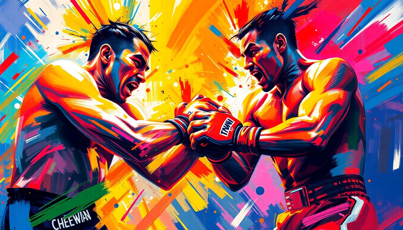 An abstract painting in neon colors, with bold brushstrokes and splatters that evoke the energy and intensity of a mixed martial arts fight.