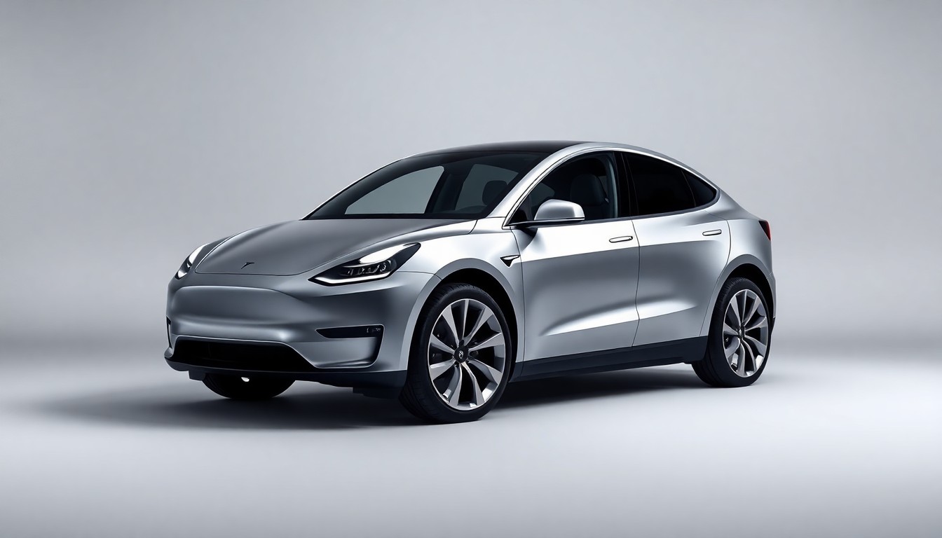 A high-end, photorealistic studio still-life photograph featuring a sleek, silver Tesla Model Y electric vehicle surrounded by premium materials like polished chrome, brushed aluminum, and matte black, placed on a clean, monochromatic seamless background and using sharp, dramatic studio lighting and deep shadows to represent the abstract corporate strategy and financial challenges facing Tesla.