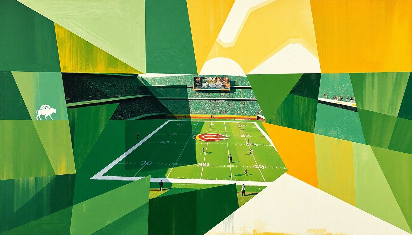 A fragmented, geometric painting depicting a Colorado Buffaloes football game, with sharp planes of green, gold, and white representing the action on the field.