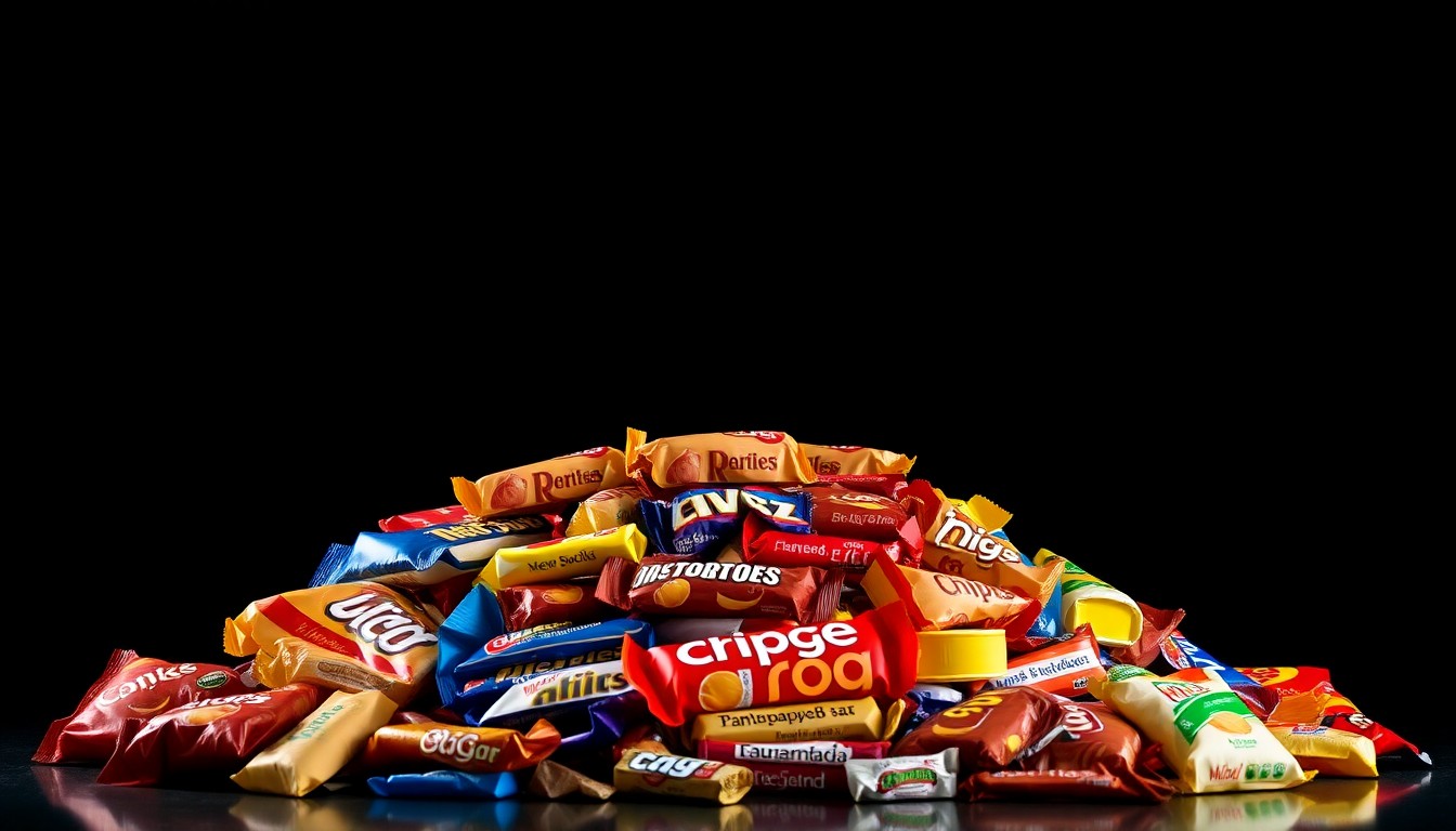 An extreme close-up photograph of a pile of individually wrapped snack bars and bags of chips against a stark, black background, creating a gritty, investigative aesthetic through the use of harsh, direct flash lighting.