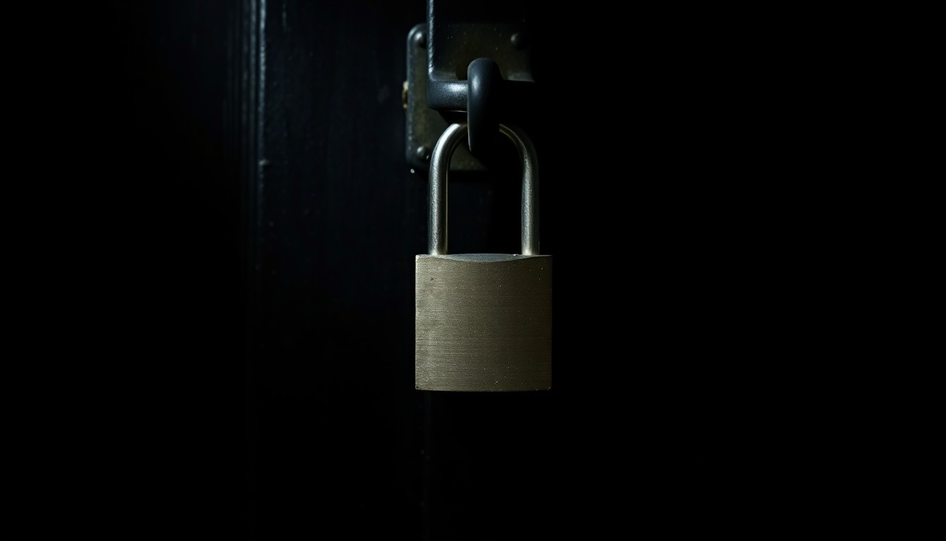 An extreme close-up of a heavy metal padlock on a dark door, creating a stark, gritty, investigative aesthetic that conceptually represents the crackdown on an unauthorized underground club.