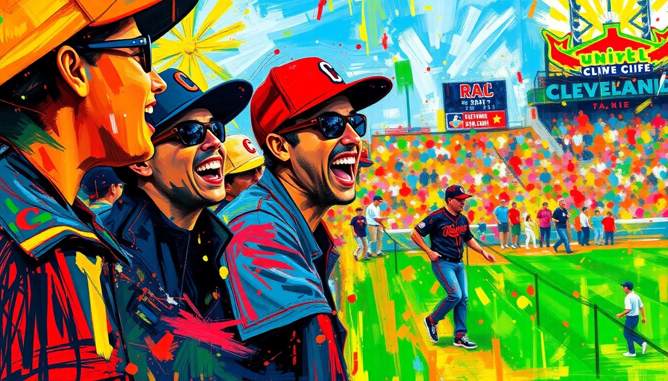 An abstract, energetic painting in bright neon colors, with rapid brushstrokes capturing the raw excitement and electric atmosphere of a Cleveland baseball home opener event.