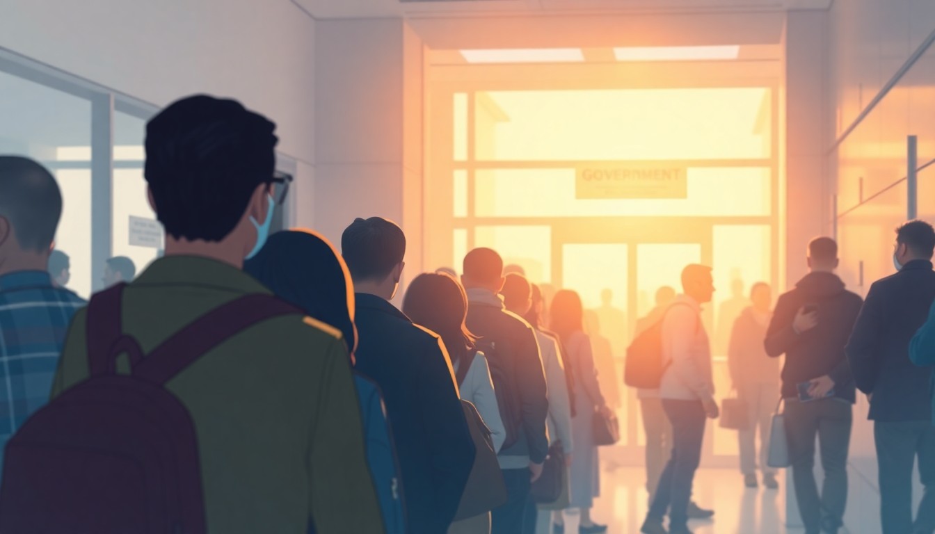 An extremely abstracted, out-of-focus photograph shot through condensation or rain-streaked glass, composed of a blurred scene of people waiting in line at a government office, with soft pools of warm color and light.