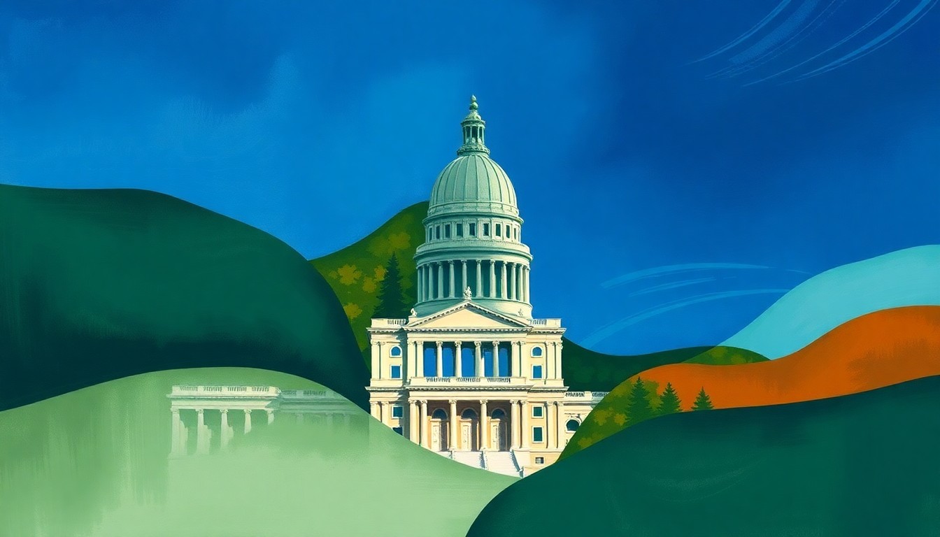 A vibrant, abstract painting featuring the Nebraska State Capitol building rendered in overlapping, fragmented brushstrokes of deep blue, forest green, and burnt orange, conveying a sense of dynamic motion and political tension.