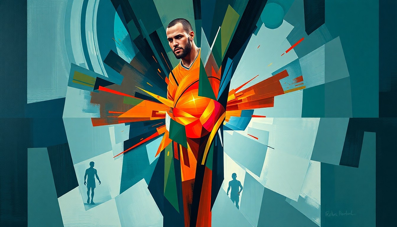 A fractured, cubist-style painting depicting a basketball player's knee in various geometric planes and perspectives, using a muted color palette with flashes of bright color to symbolize the player's determination.