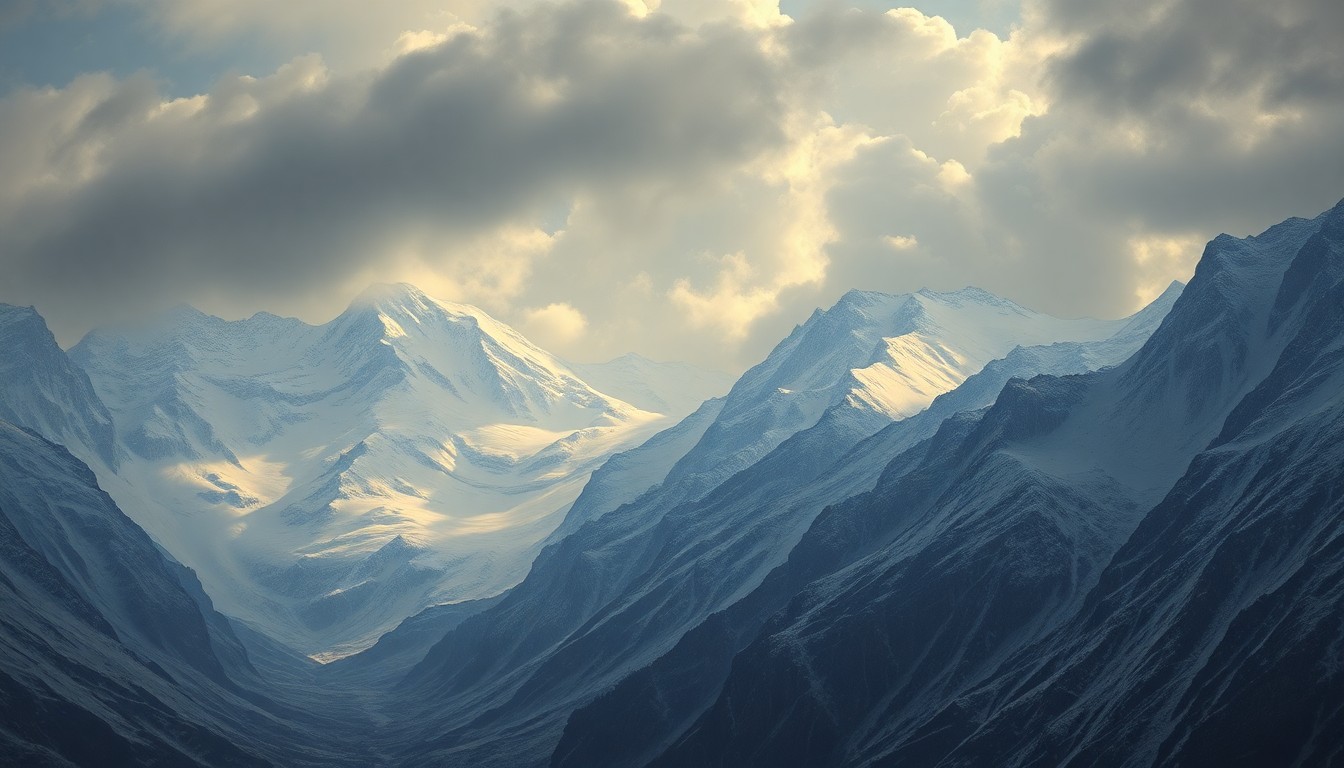 A vast, majestic landscape painting in the style of Caspar David Friedrich, depicting a dramatic, snow-covered mountain range under a brooding, cloudy sky. The towering peaks and deep, atmospheric perspective convey the overwhelming scale and power of the natural world.