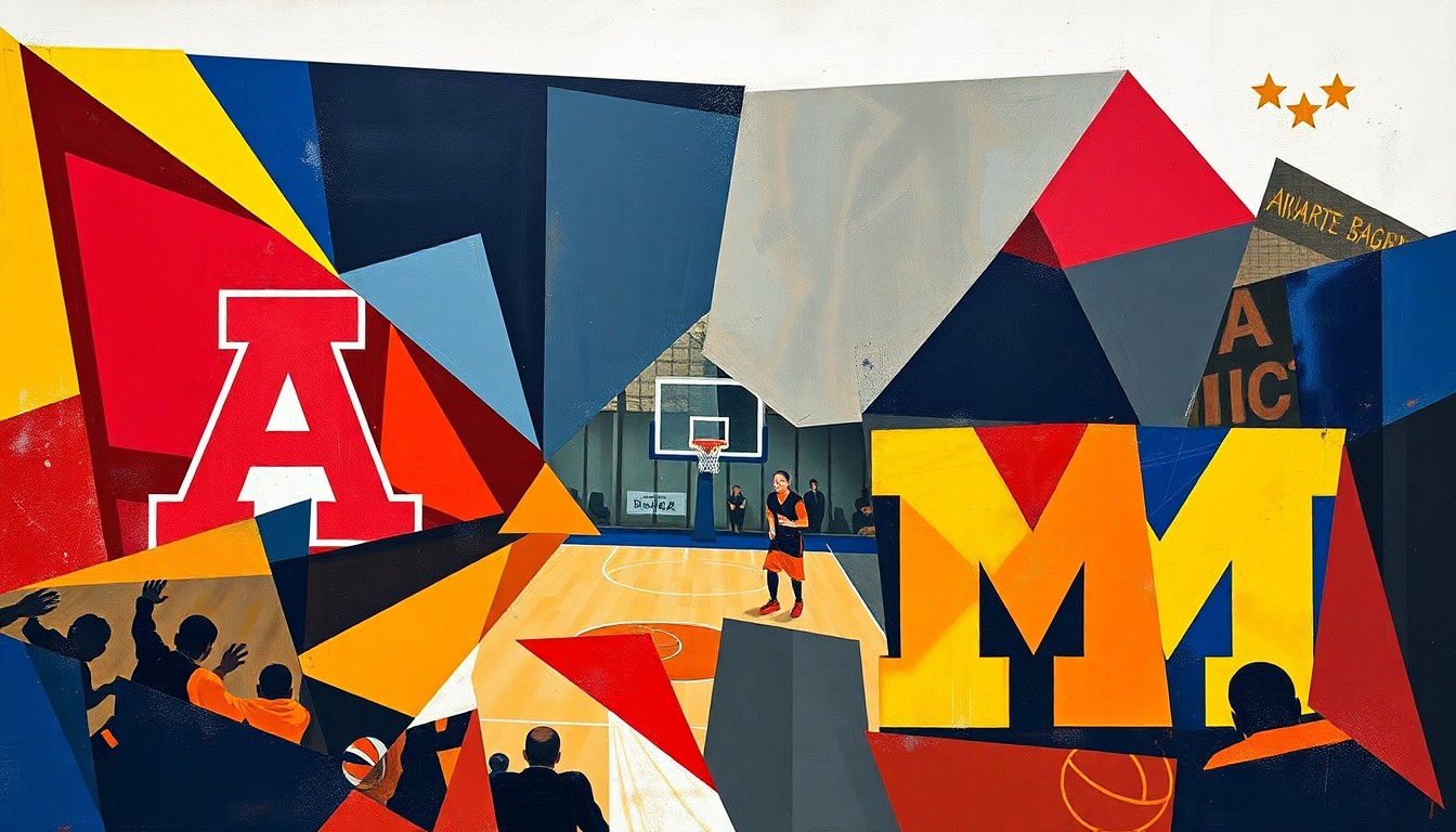 A cubist, geometric painting depicting the action of a basketball game, with sharp, overlapping shapes and planes in the official colors of the Arizona Wildcats and Michigan Wolverines, conceptually representing the shifting dynamics of the Wildcats' roster.