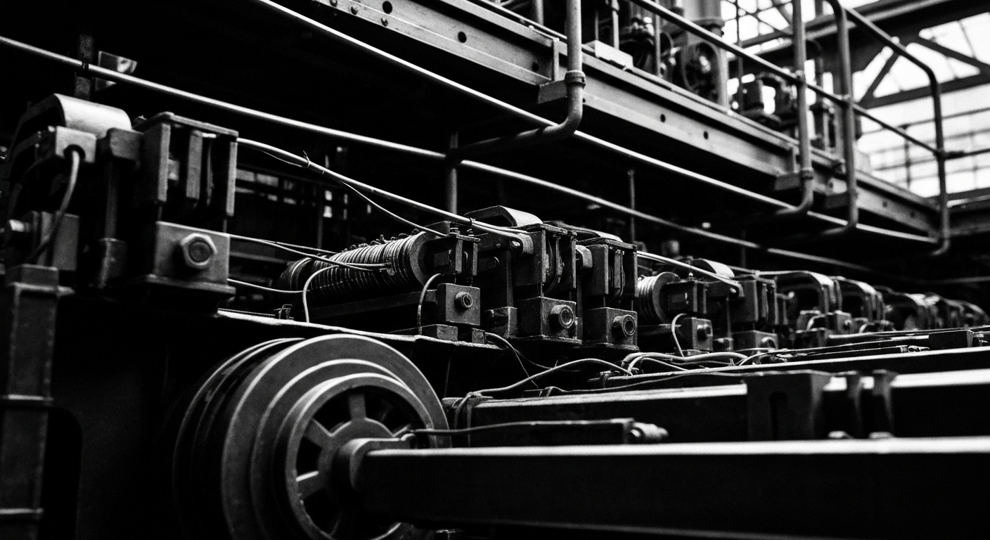 A highly detailed, black-and-white close-up image of gears, levers, and other mechanical components that are part of the financial industry's infrastructure, conveying a sense of the intricate systems that power the economy.