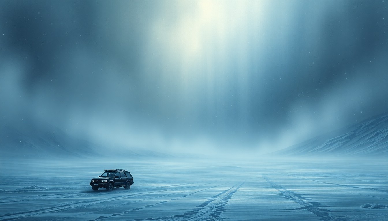 A vast, majestic landscape painting in the style of Caspar David Friedrich, with deep perspective and dramatic backlighting conveying the overwhelming, sublime scale of a heavy snowstorm sweeping across a frozen Alaskan landscape, dwarfing any physical structures or vehicles caught within it.