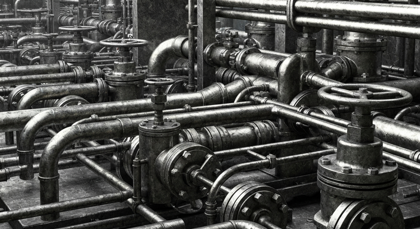 A cinematic close-up of a network of heavy, industrial banking machinery and equipment, representing the underlying infrastructure of the financial system that lawmakers must navigate when crafting new cryptocurrency regulations.