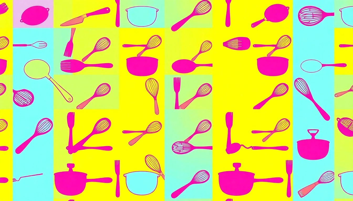 A vibrant, high-contrast silkscreen print featuring a repeated image of a chef's whisk in bold neon colors, conceptually representing the performative nature of the chef's table dining trend.