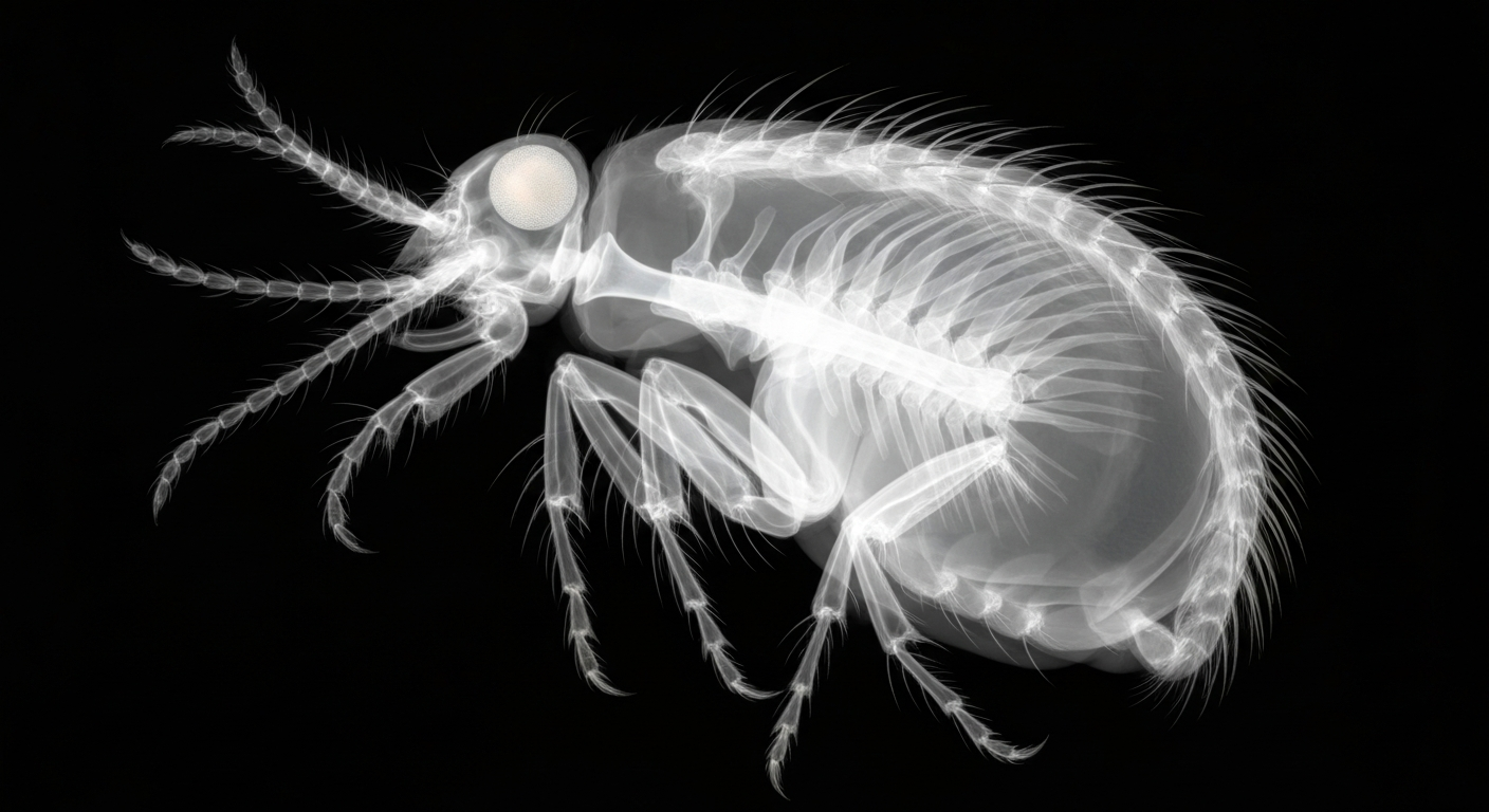 A highly detailed, translucent X-ray photograph revealing the intricate internal structure of a flea, conceptually illustrating the public health threat posed by these disease-carrying parasites.